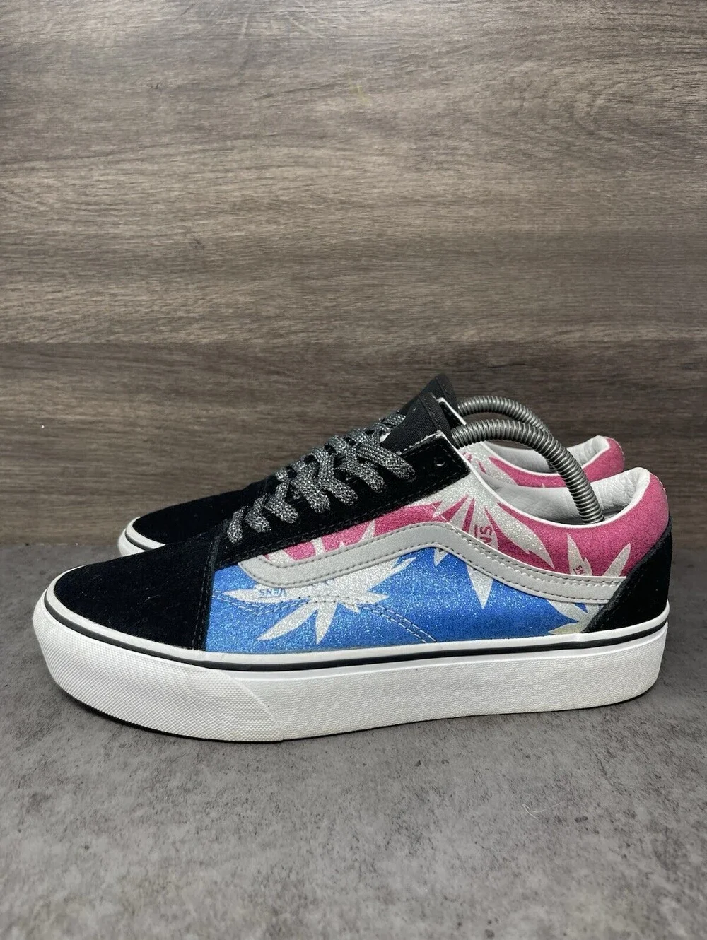 Vans Old Skool Platform Size 10 Womens Black Pink Blue Glitter Skate Sneakers